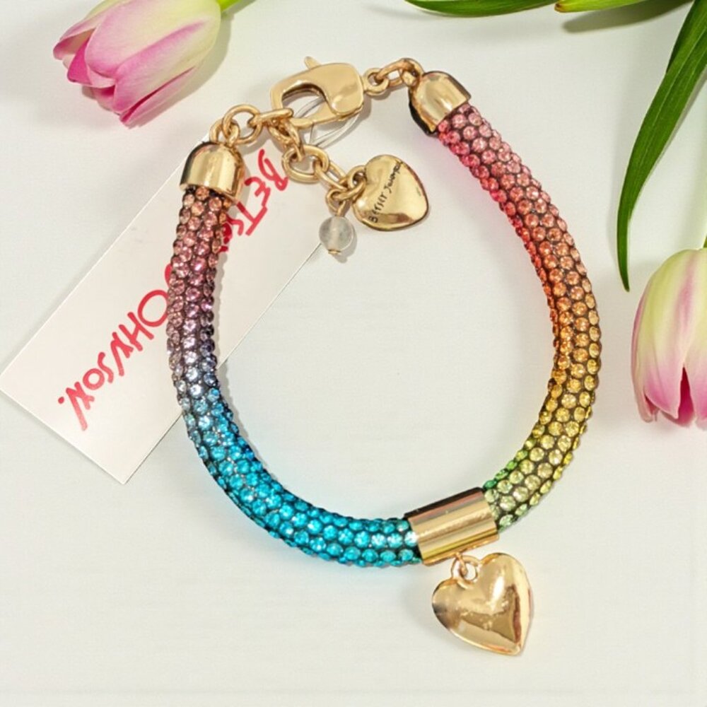 Betsey Johnson Rainbow Crystal Bracelet - Heart Dangle - Signed - NWT